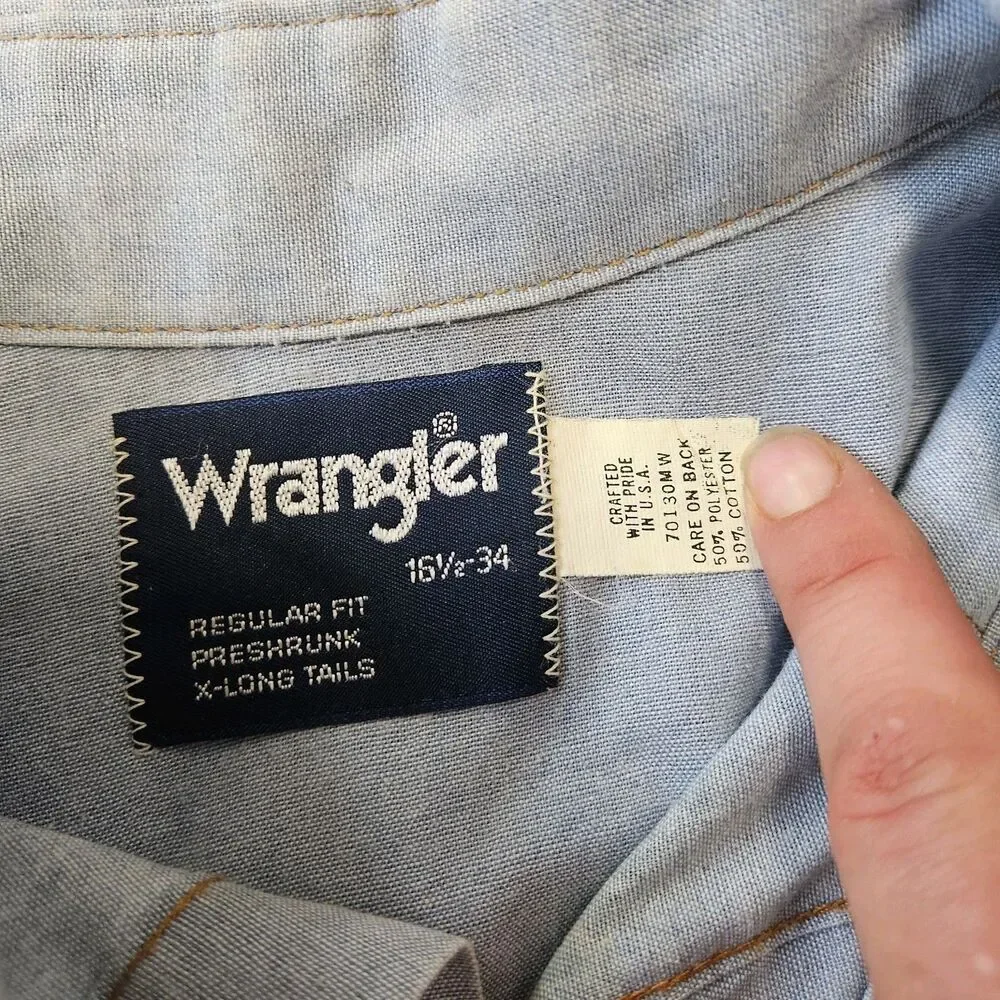 Wrangler Vintage Chambray Light Blue Denim Pearl Snap Western Shirt Men's Large